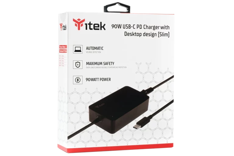 ALIMENTATION UNIVERSELLE POUR ORDINATEURS PORTABLES ET APPAREILS USB-C, PD – 90 W, DESIGN FIN